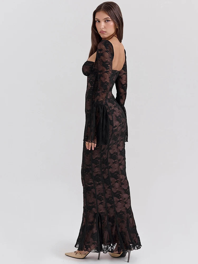 Vestido Longo de Renda Manga Longa