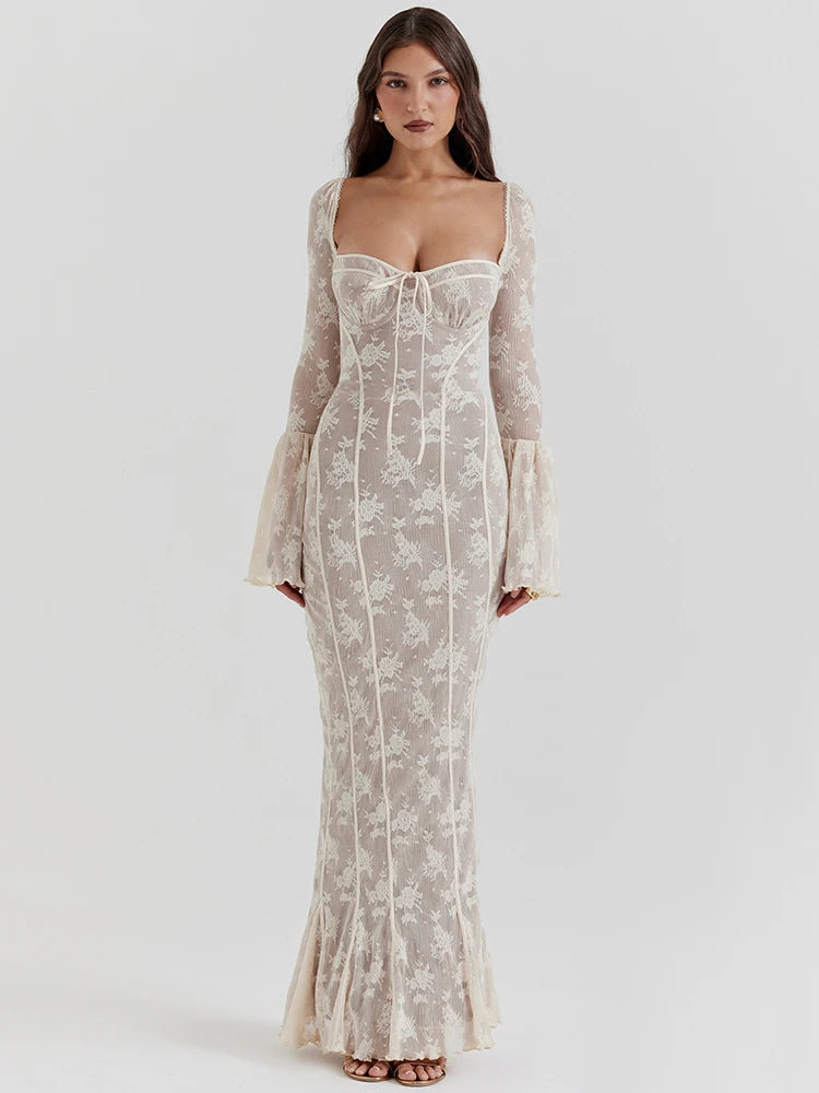Vestido Longo de Renda Manga Longa