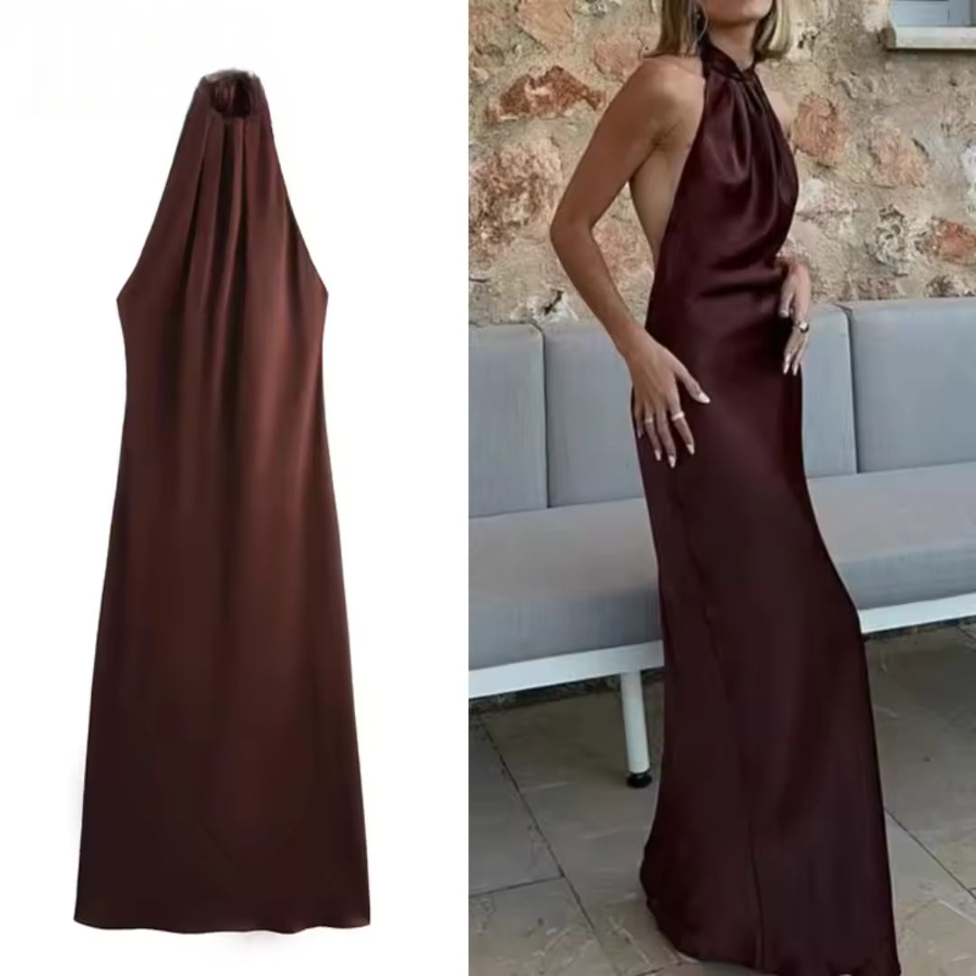 Vestido Marrom Longo Cetim Costa Aberta