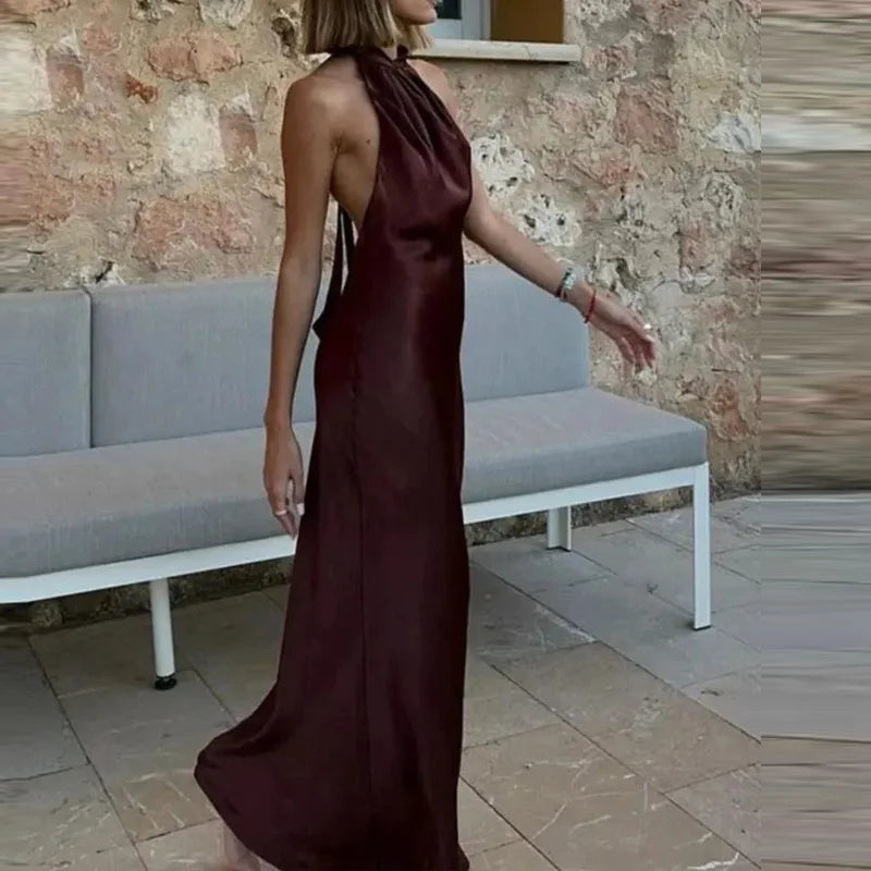 Vestido Marrom Longo Cetim Costa Aberta