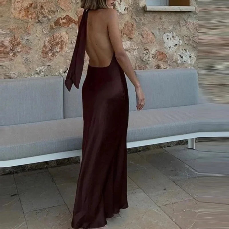 Vestido Marrom Longo Cetim Costa Aberta