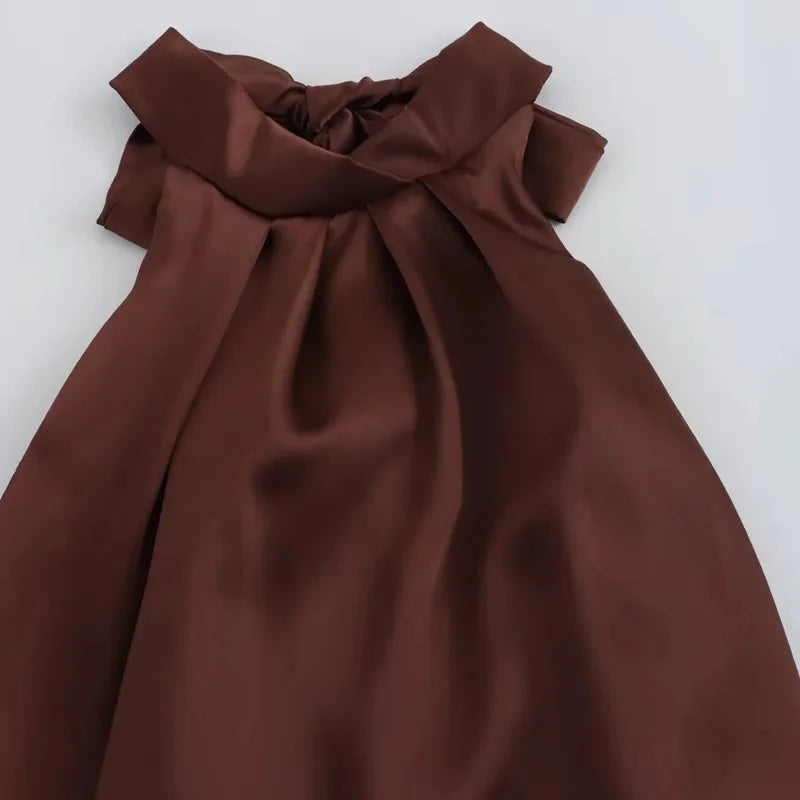 Vestido Marrom Longo Cetim Costa Aberta