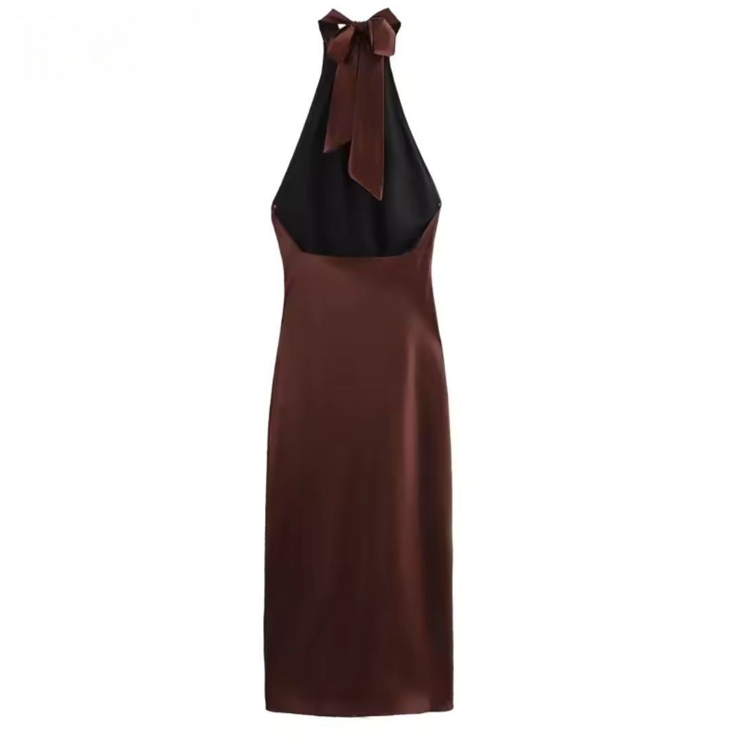 Vestido Marrom Longo Cetim Costa Aberta