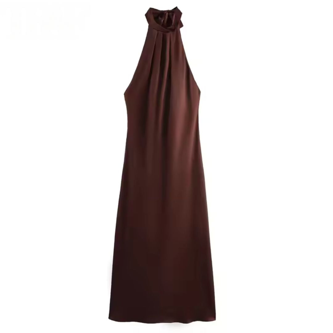 Vestido Marrom Longo Cetim Costa Aberta