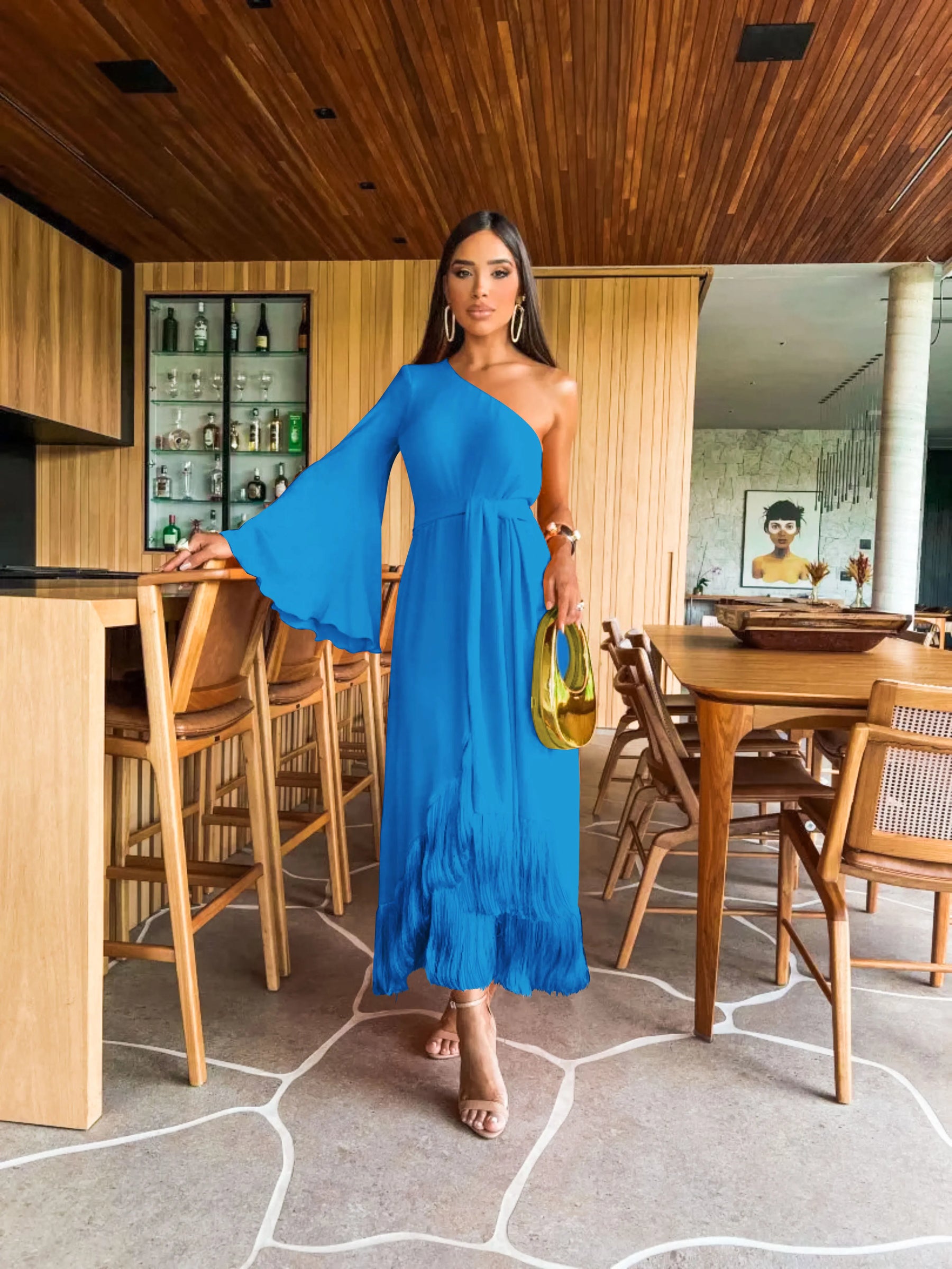 Vestido Maxi Ombro Único com Babados