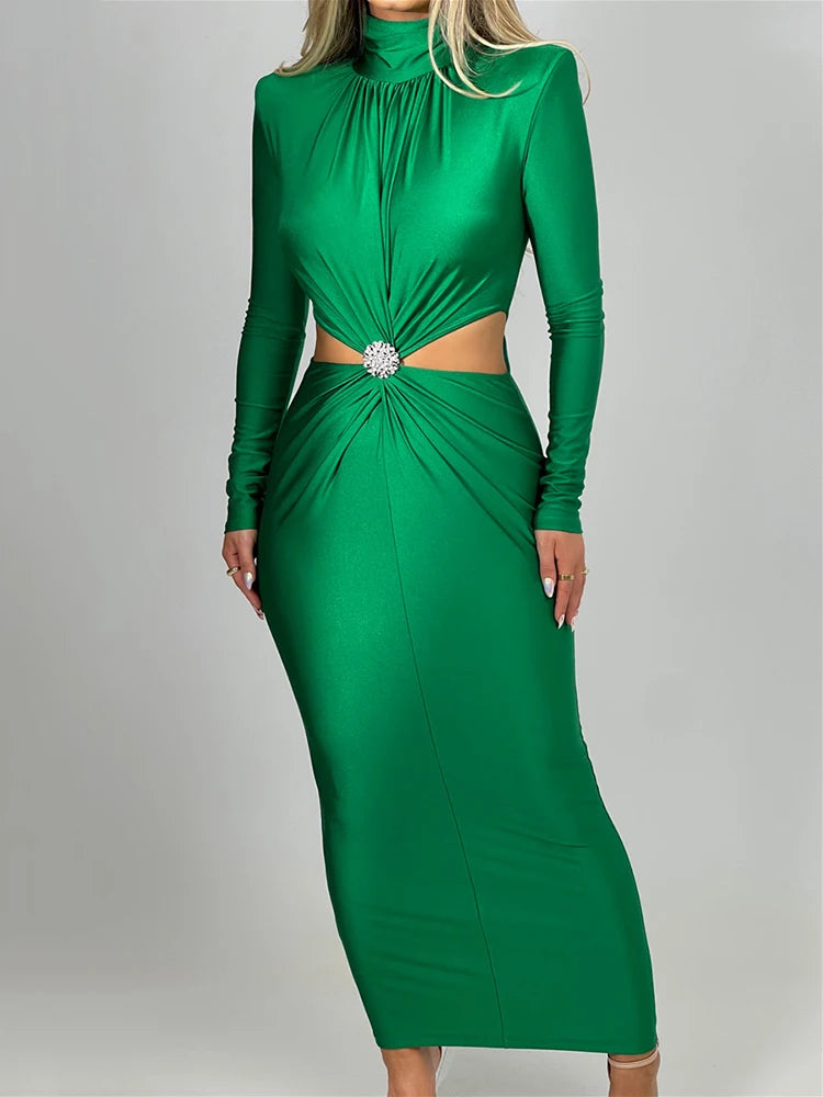 Vestido Midi Gola Alta Recorte Cintura