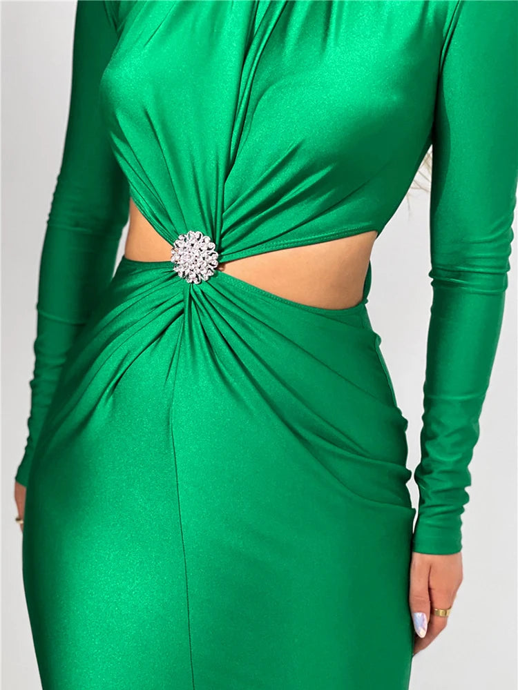 Vestido Midi Gola Alta Recorte Cintura