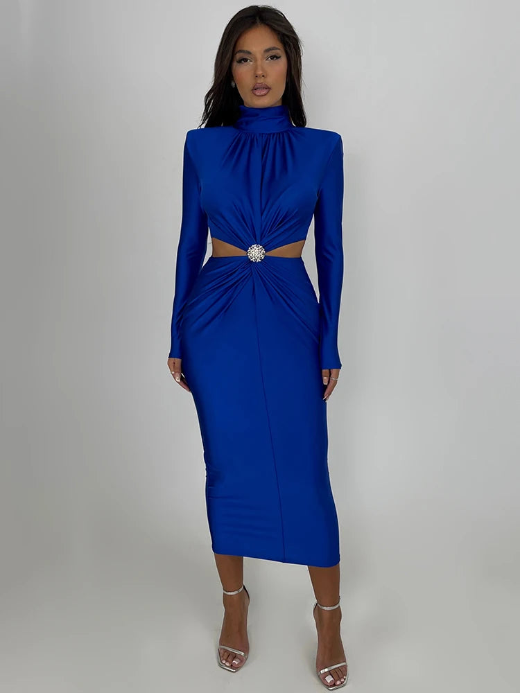 Vestido Midi Gola Alta Recorte Cintura