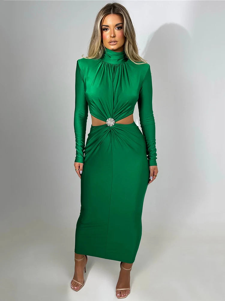 Vestido Midi Gola Alta Recorte Cintura