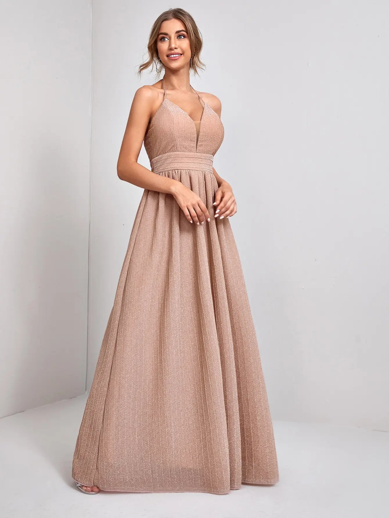 Vestido Rosa Longo Halter de Arame