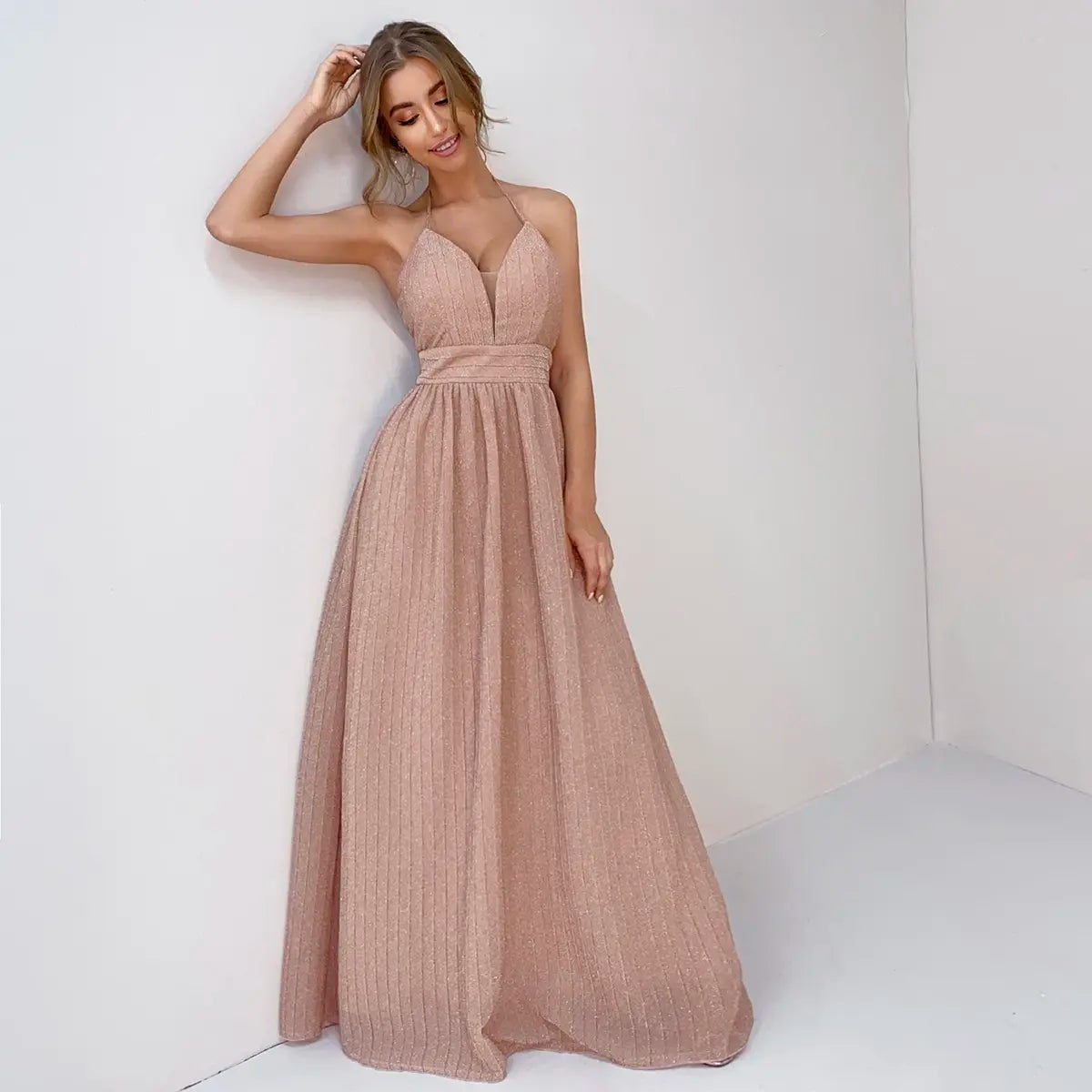 Vestido Rosa Longo Halter de Arame