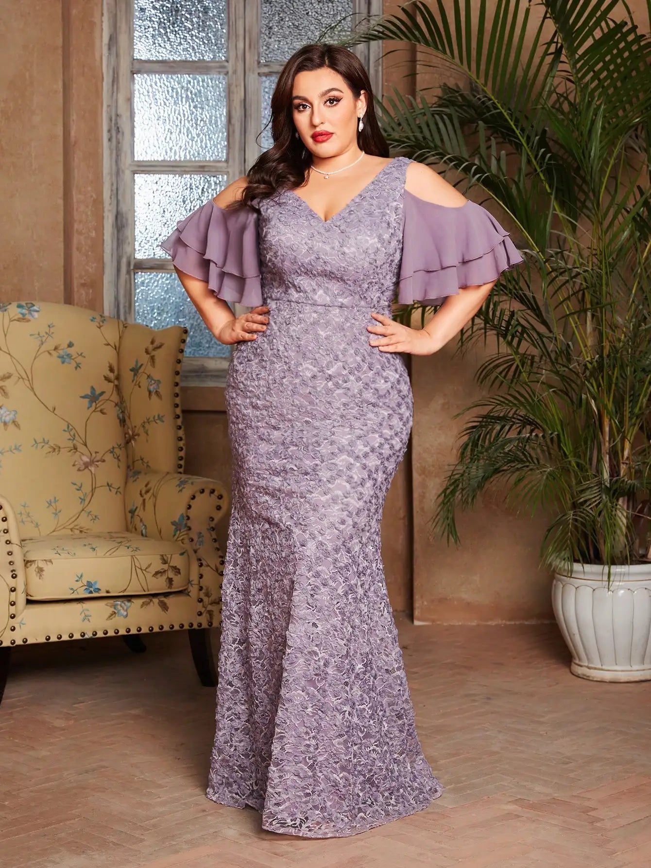 Vestido Roxo Longo Plus Size Multi-camada Fora do Ombro Manga