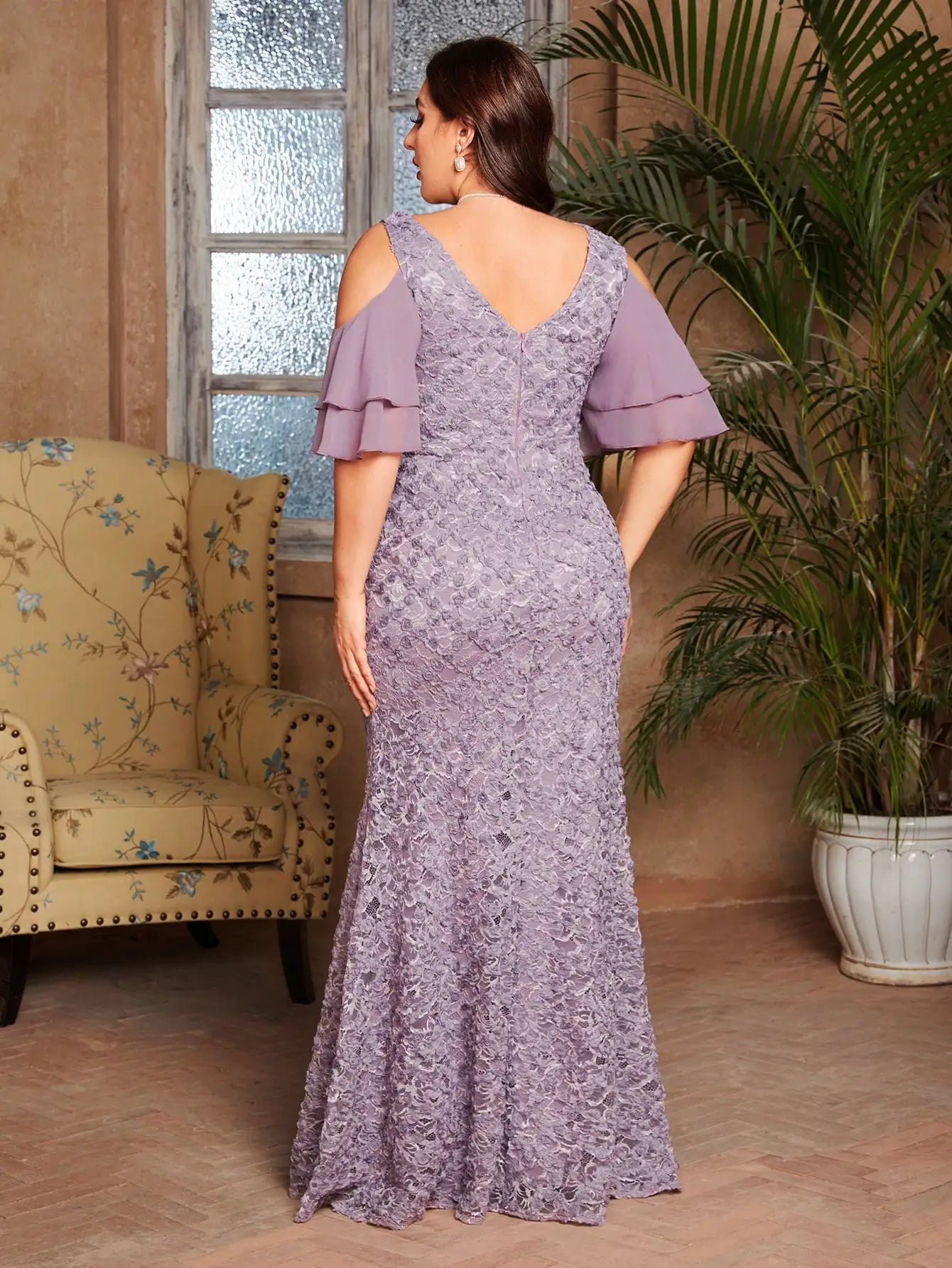 Vestido Roxo Longo Plus Size Multi-camada Fora do Ombro Manga