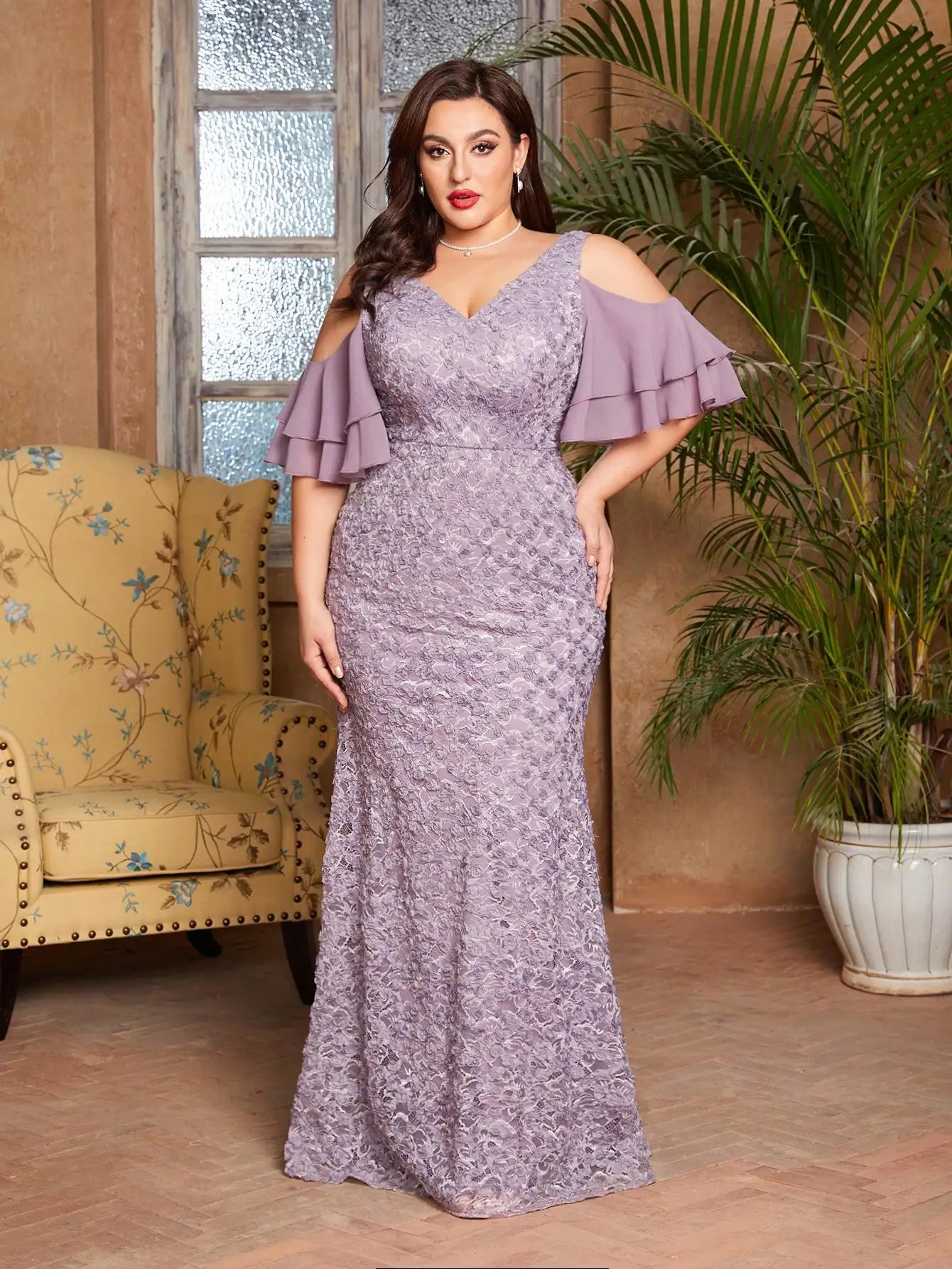 Vestido Roxo Longo Plus Size Multi-camada Fora do Ombro Manga