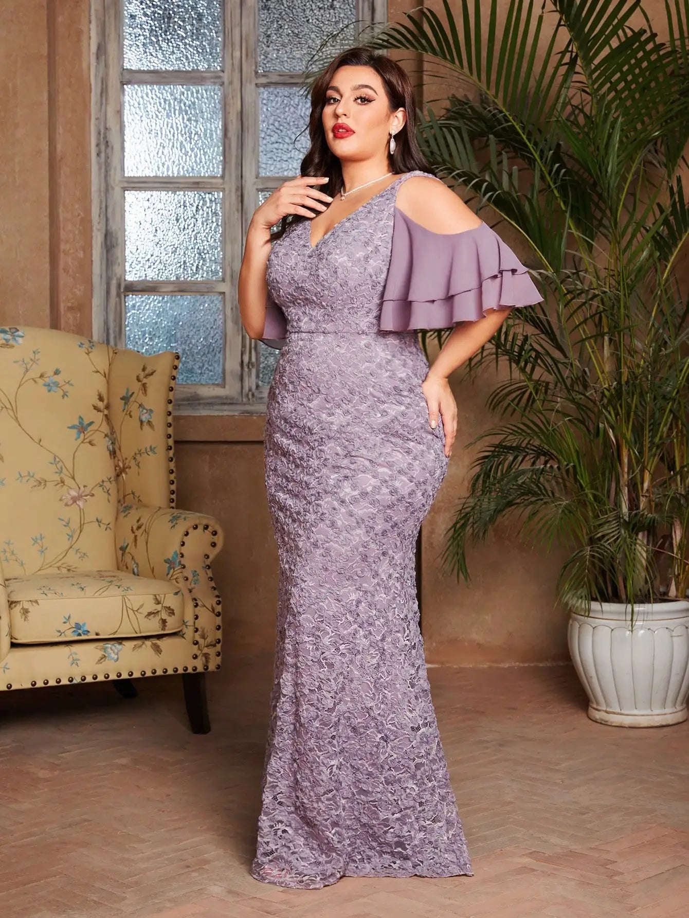 Vestido Roxo Longo Plus Size Multi-camada Fora do Ombro Manga