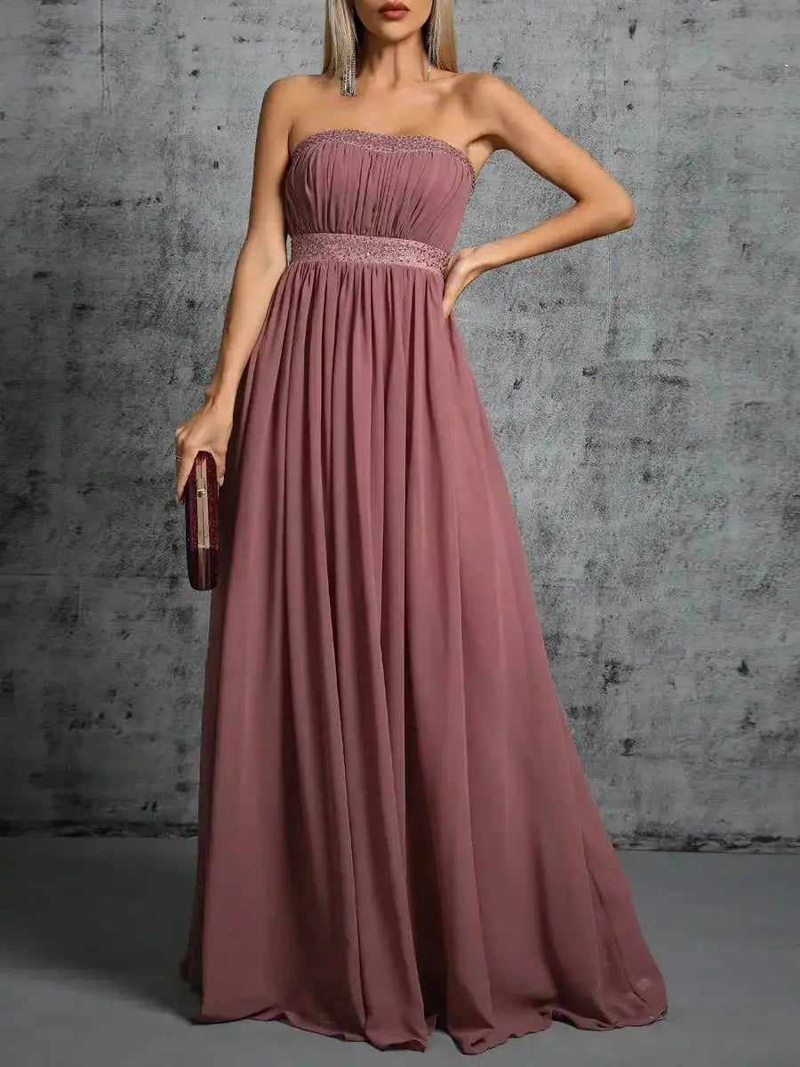 Vestido Rubi Longo Busto Bainha Renda Diamante Chiffon