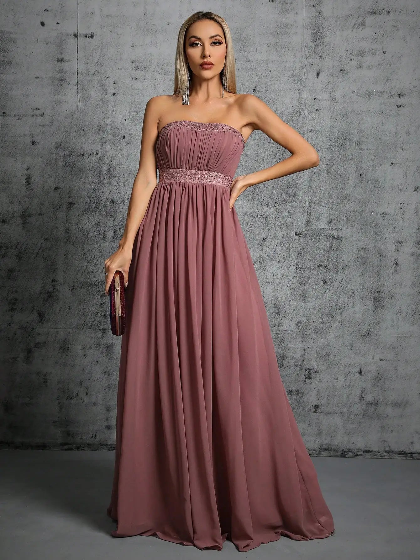 Vestido Rubi Longo Busto Bainha Renda Diamante Chiffon