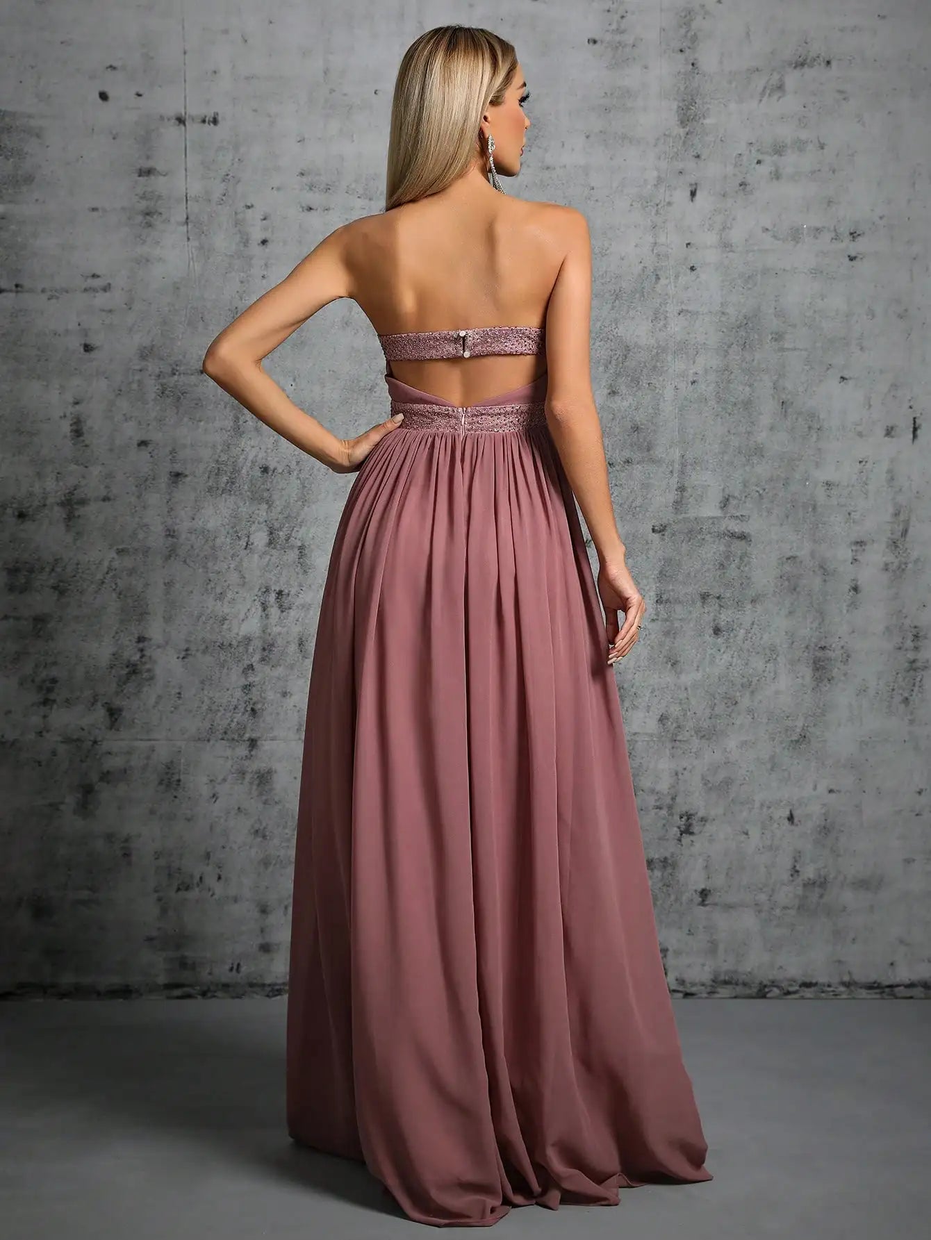 Vestido Rubi Longo Busto Bainha Renda Diamante Chiffon