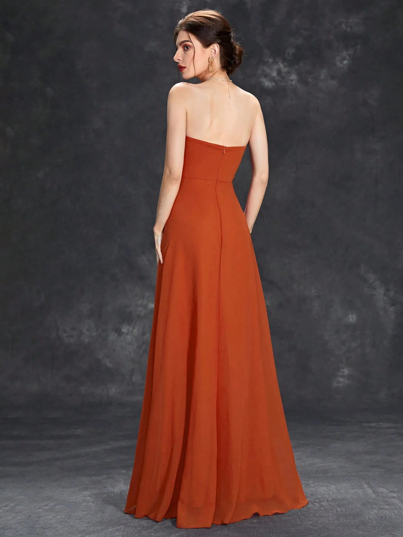 Vestido Terracota Longa Tomara que Caia Plissado