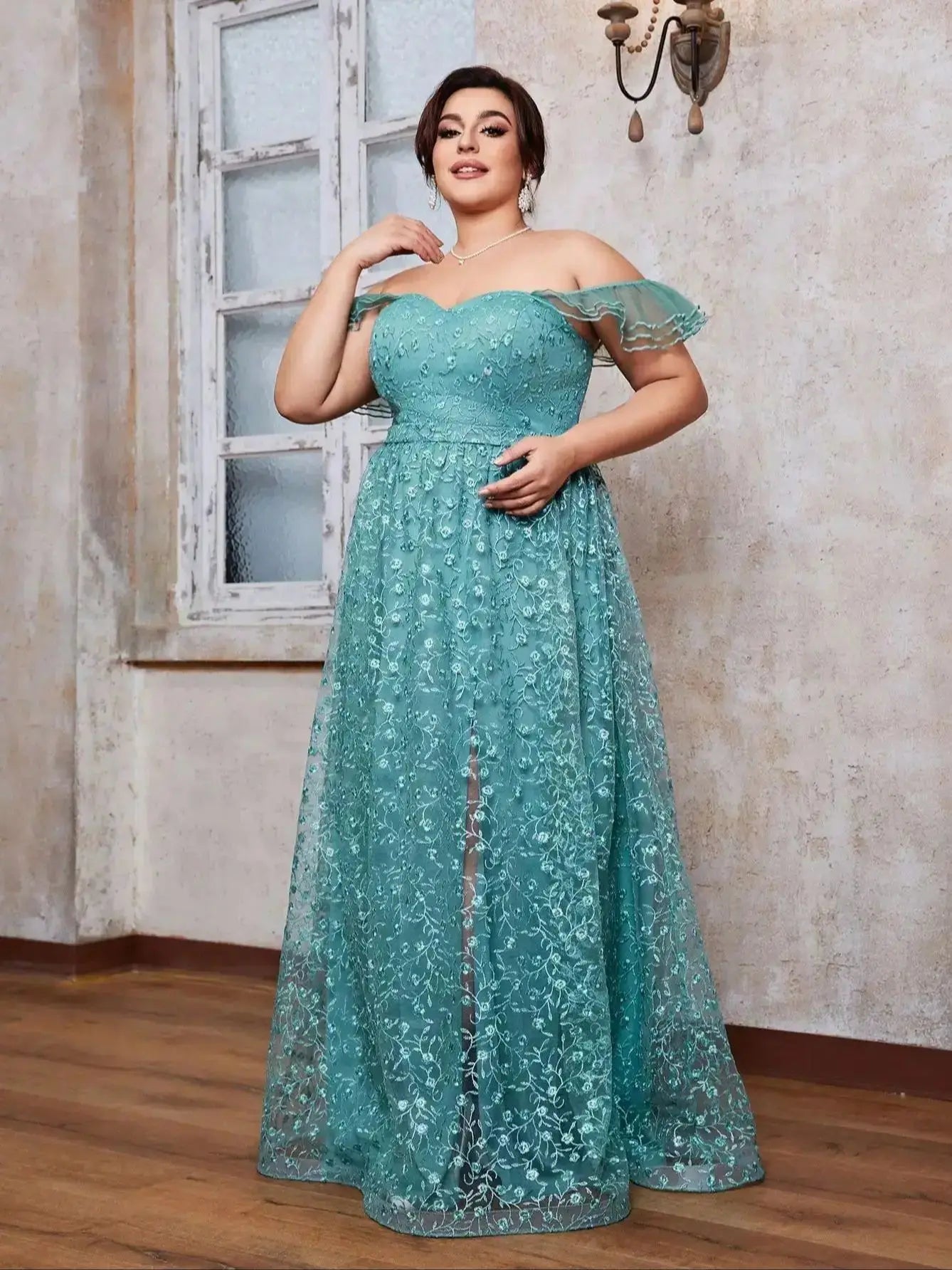 Vestido Verde Longo Plus Size Manga Folha de Lótus Ombro Off