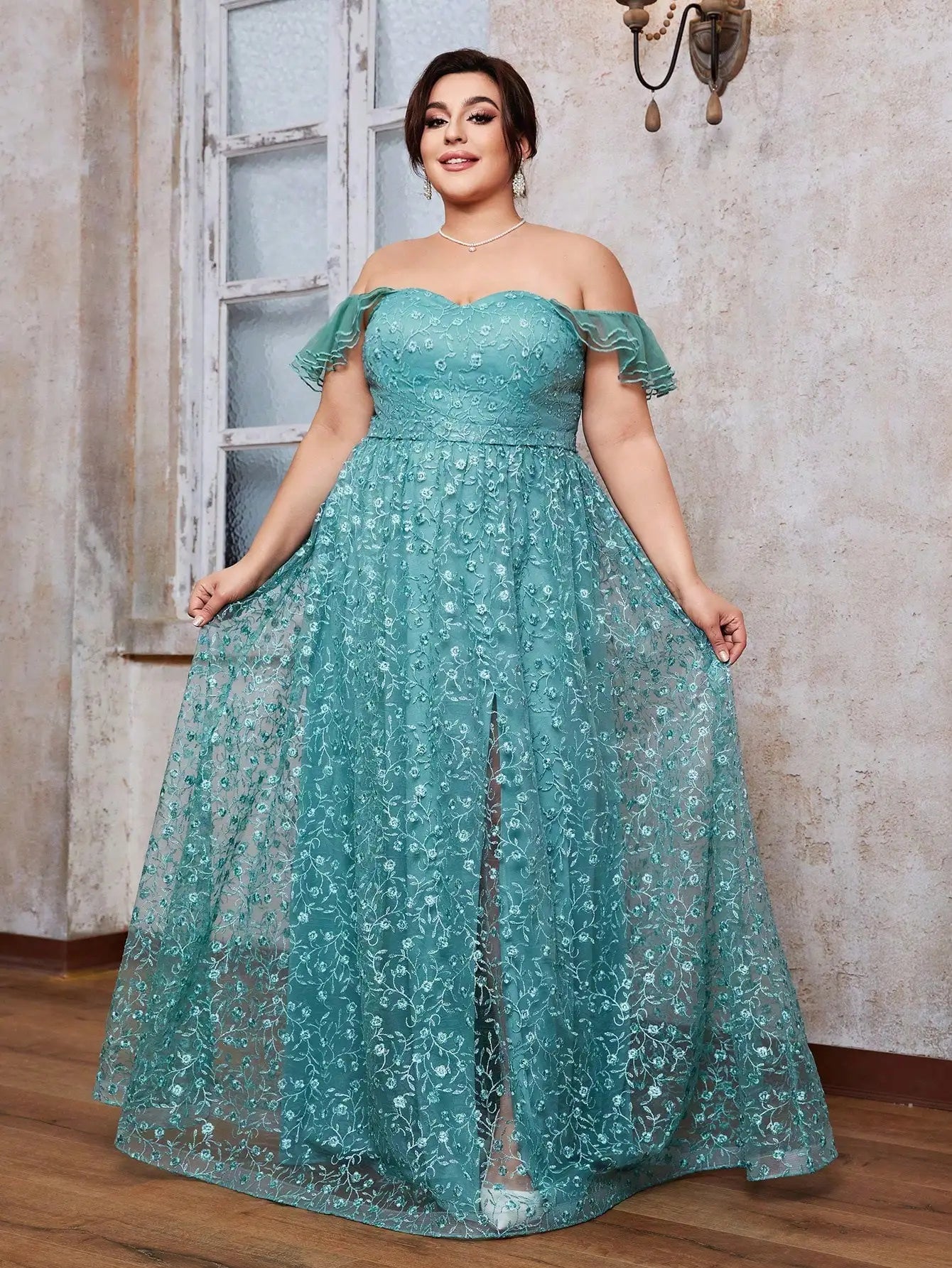 Vestido Verde Longo Plus Size Manga Folha de Lótus Ombro Off