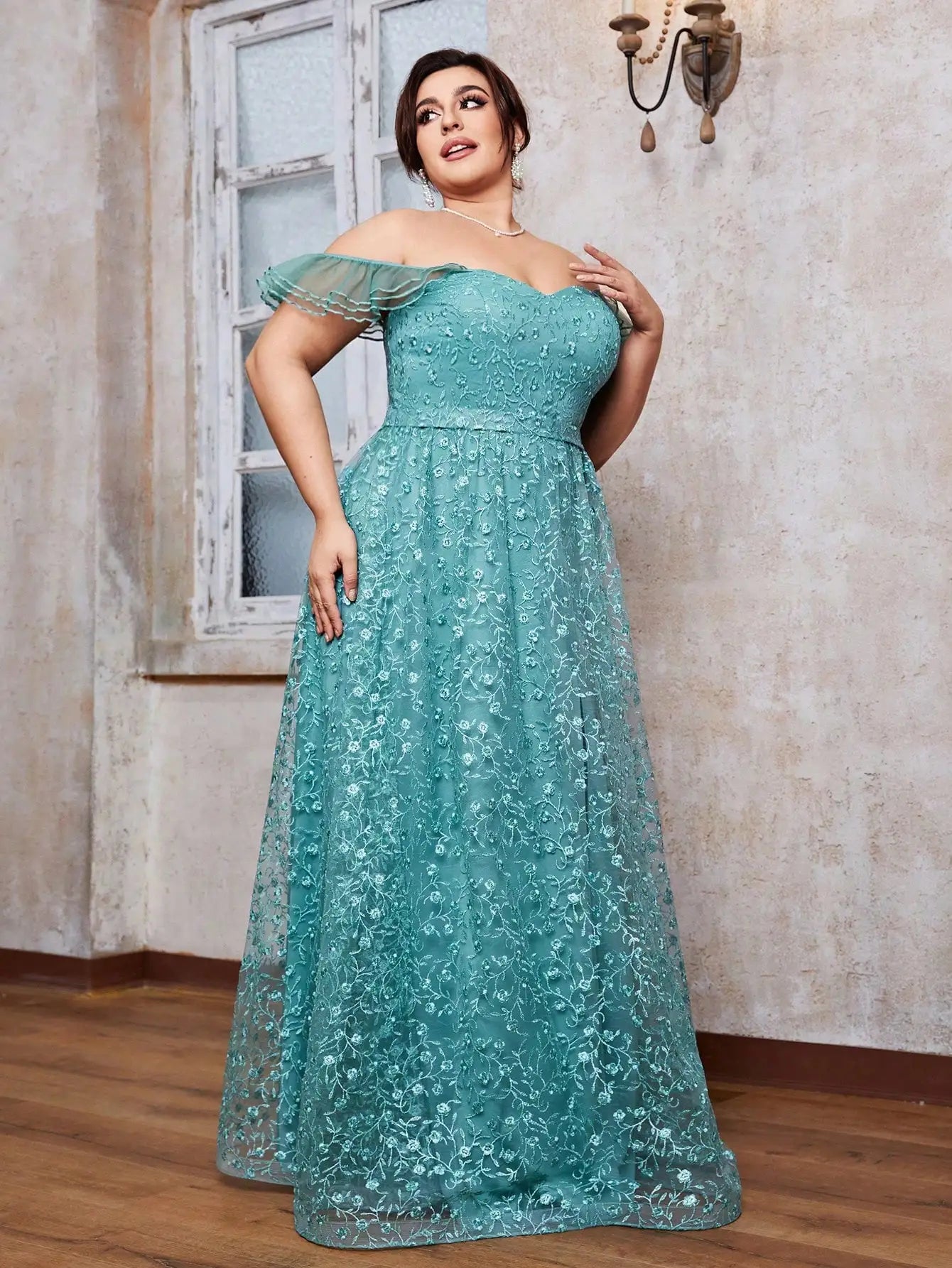 Vestido Verde Longo Plus Size Manga Folha de Lótus Ombro Off