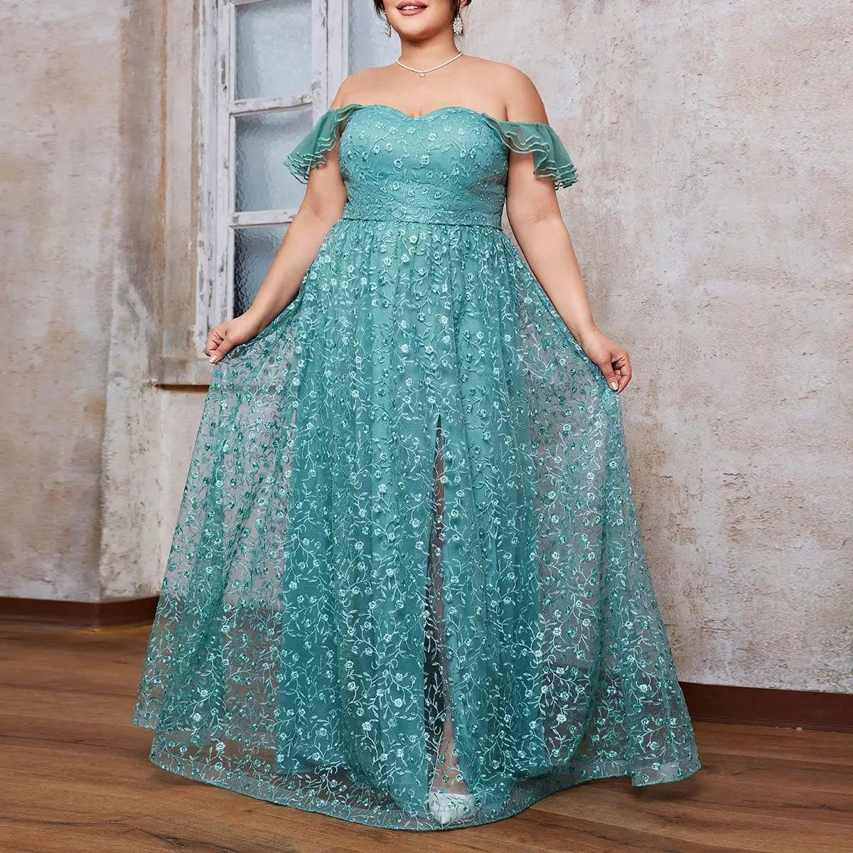 Vestido Verde Longo Plus Size Manga Folha de Lótus Ombro Off