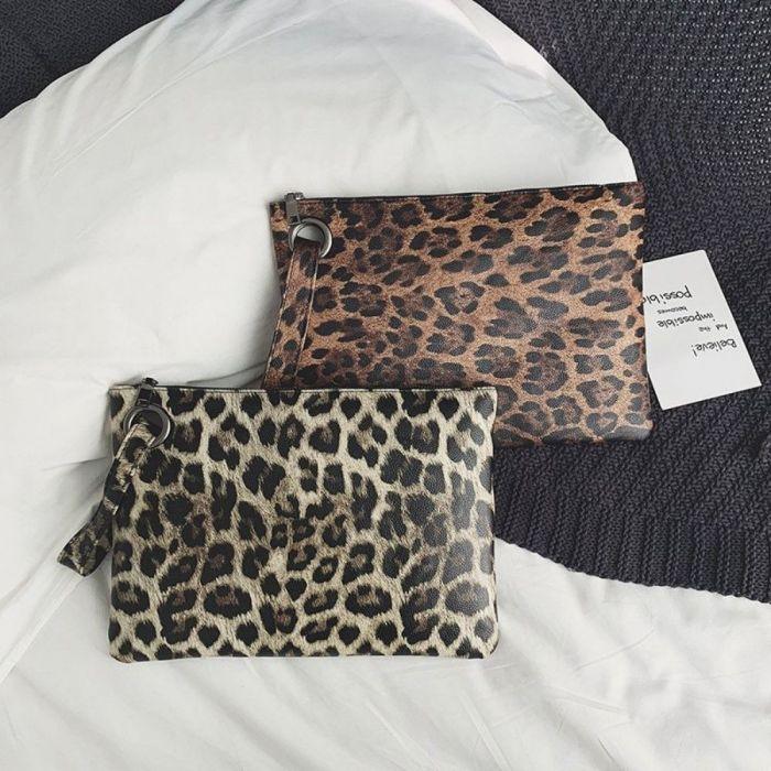 Bolsa Carteira Feminina de Couro Animal Print Bege