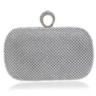 Bolsa Feminina Clutch Prata Diamantes com Corrente