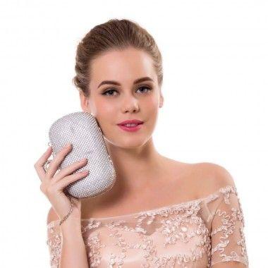 Bolsa Feminina Clutch Prata Diamantes com Corrente
