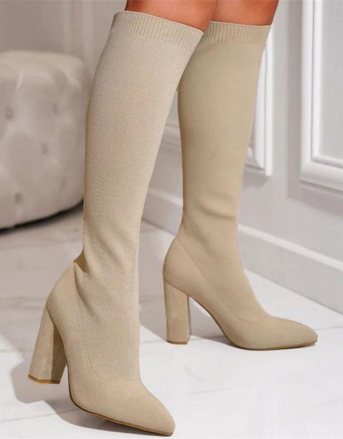 Bota Feminina Bege Tricô Tecido Elástico