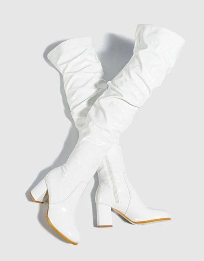 Bota Feminina Branca Couro Envernizado Salto Bloco