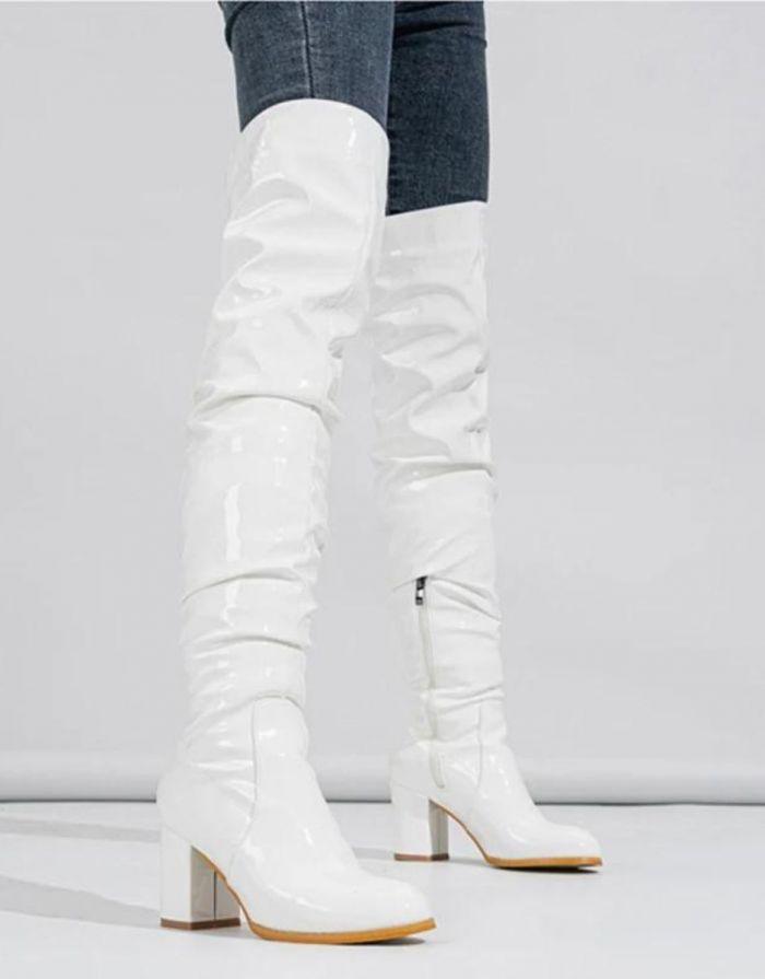 Bota Feminina Branca Couro Envernizado Salto Bloco