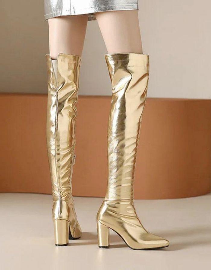 Bota Feminina Dourada Salto Alto Grosso Chloe