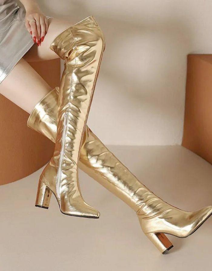 Bota Feminina Dourada Salto Alto Grosso Chloe