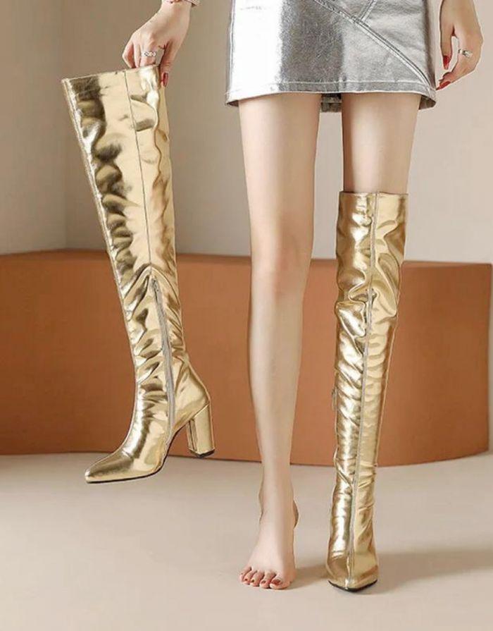 Bota Feminina Dourada Salto Alto Grosso Chloe