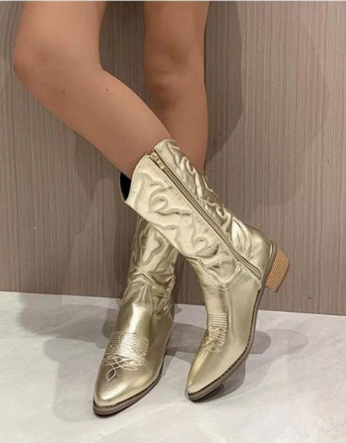 Bota Feminina Dourada Western Cano Médio Com Recortes