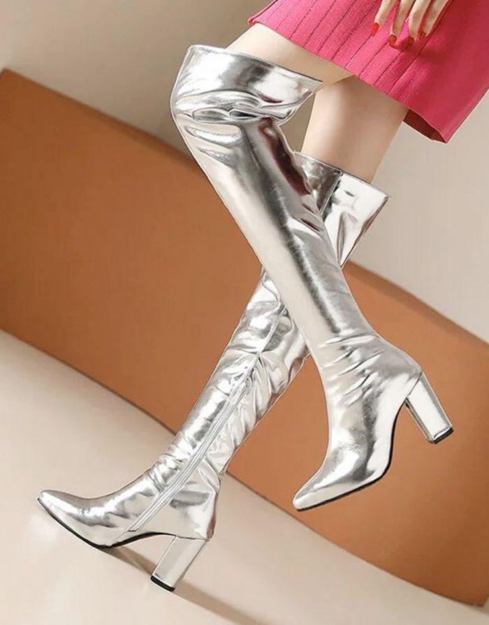Bota Feminina Prata Salto Alto Grosso Chloe