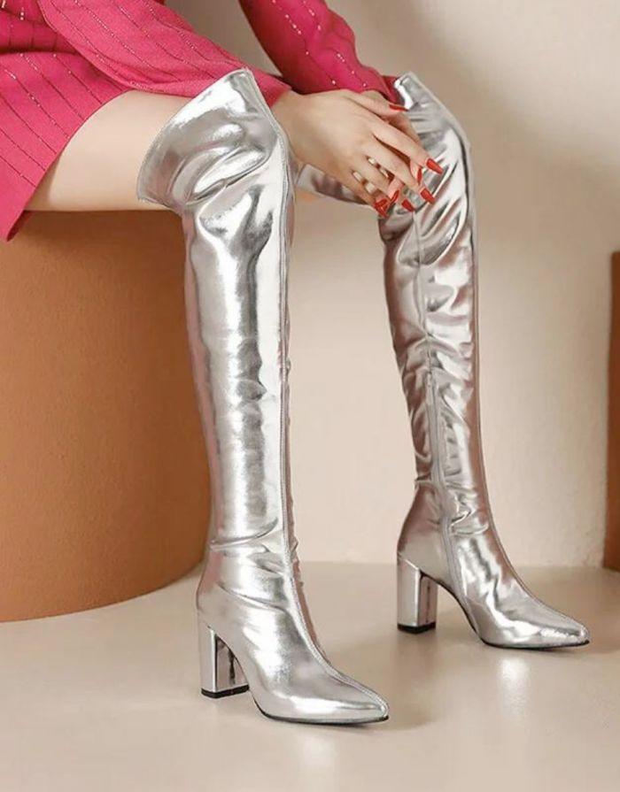 Bota Feminina Prata Salto Alto Grosso Chloe
