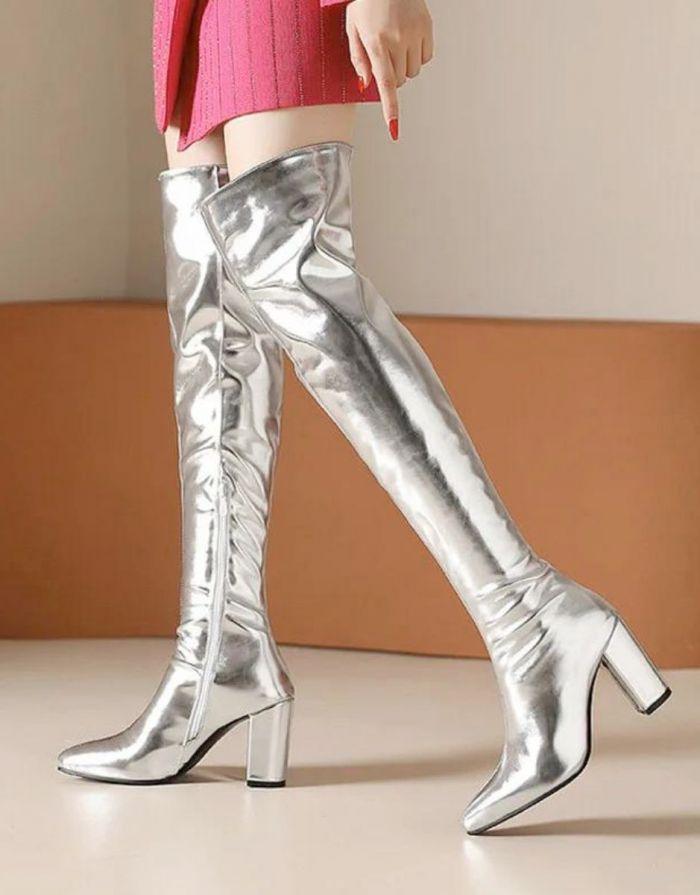 Bota Feminina Prata Salto Alto Grosso Chloe