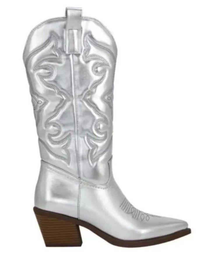 Bota Feminina Prata Western Cano Médio Com Recortes