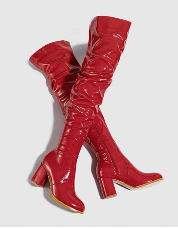 Bota Feminina Vermelha Couro Envernizado Salto Bloco