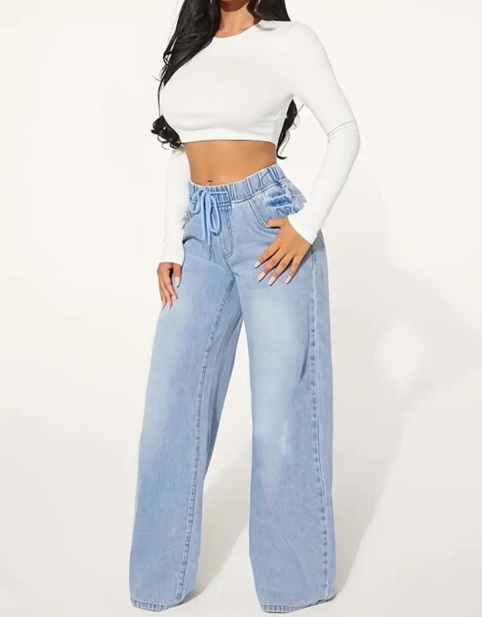 Calça Azul Claro Jeans Feminina Larga Cintura Elástica