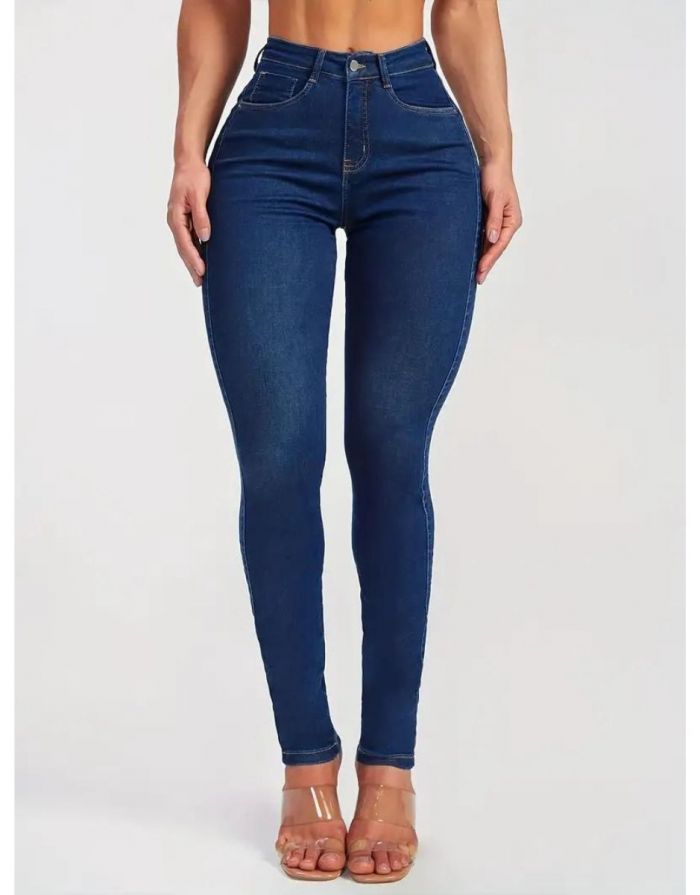 Calça Azul Marinho Jeans Feminina Skinny Detalhe Laterais