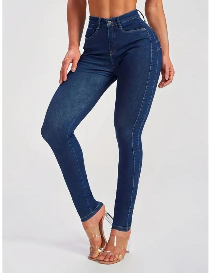 Calça Azul Marinho Jeans Feminina Skinny Detalhe Laterais