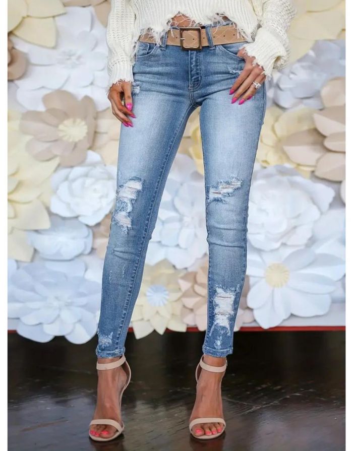 Calça Jeans Azul Claro Feminina Skinny Rasg