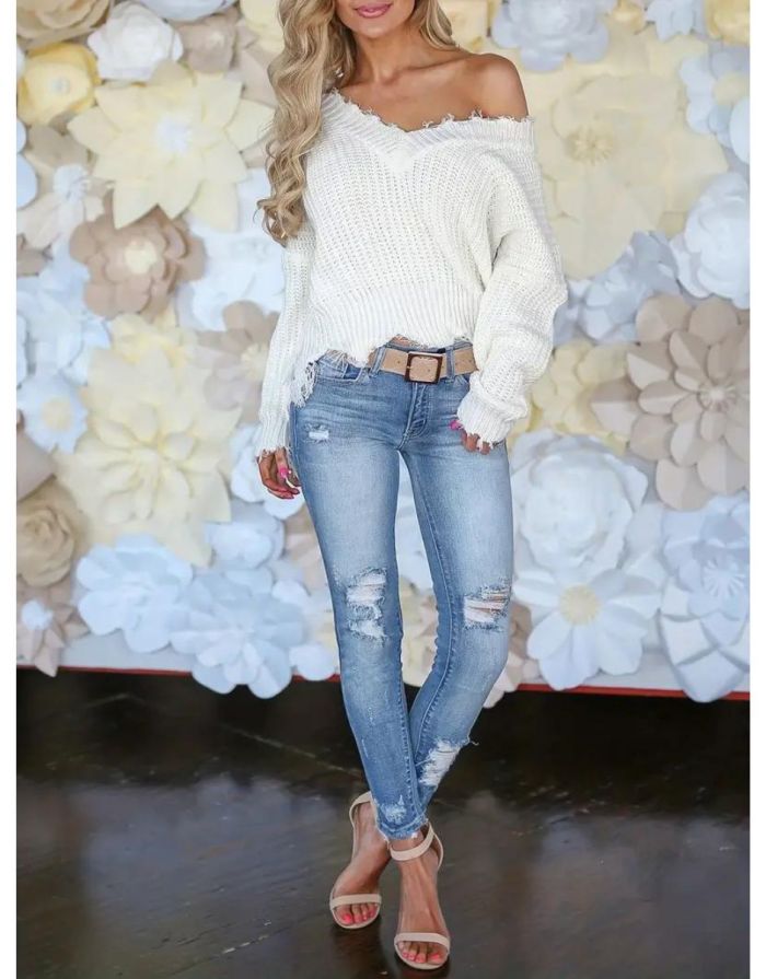 Calça Jeans Azul Claro Feminina Skinny Rasg