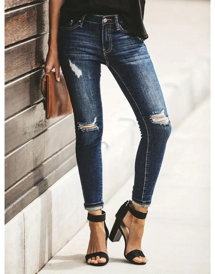 Calça Jeans Feminina Skinny Joelho Rasgado