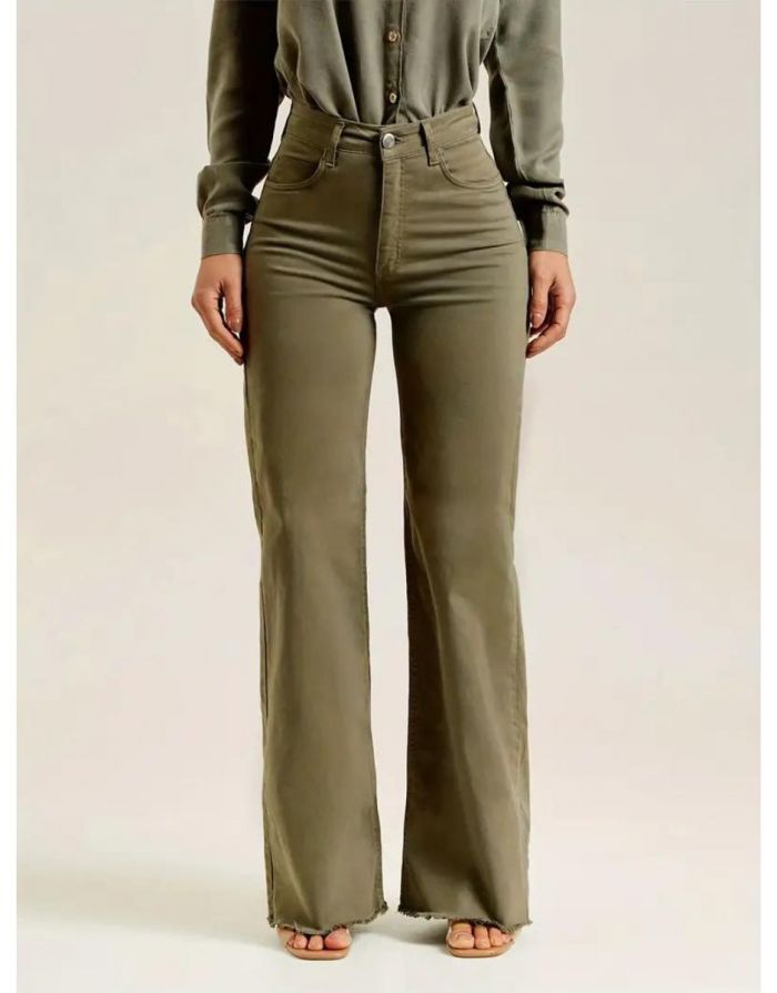 Calça Jeans Verde Exército Feminina Barra Cru