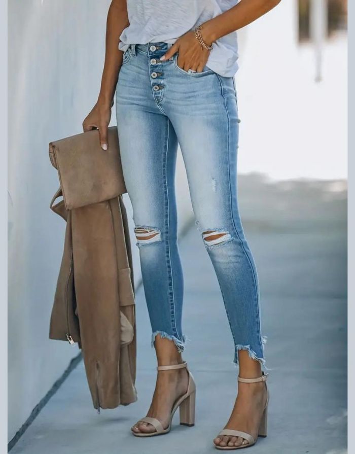 Calças Jeans Feminina Desbotada Rasgada Skinny